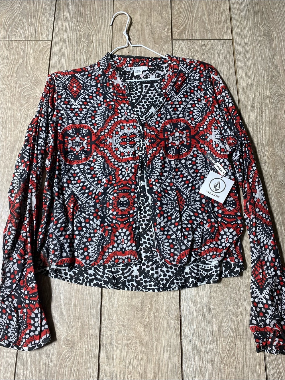 NWT Volcom Reversible Boho Blouse Top Red Black Geometric Paisley Medallion S